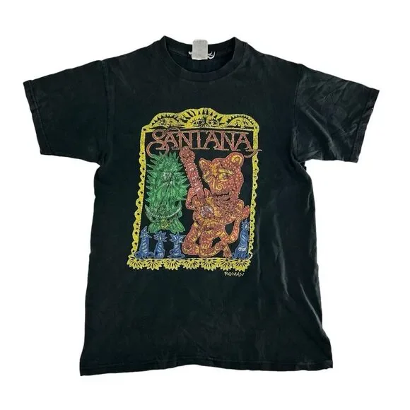 Vintage Carlos Santana Shirt Mens Medium Black Y2K Michael Roman River Of Colors - Picture 1 of 9